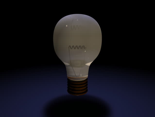 Computer-generated 3D animation depicting a light bulb turning on and off (concept: a bright idea)
