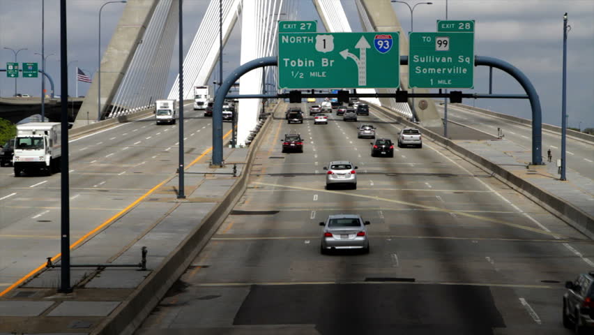 Traffic on the Modern Zakim Bunker Hill bridge in Boston. 