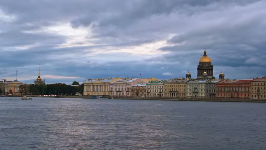 English Embankment at evening, timelapse. St Petersburg, Russia