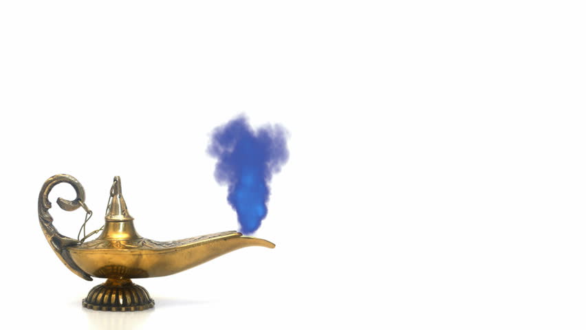 A magical genie lamp with smoke.