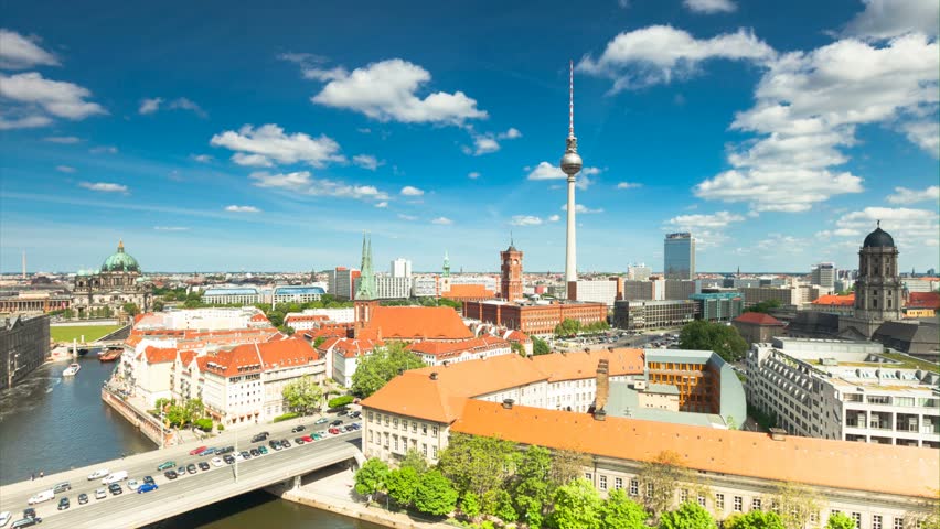 Berlin Skyline City Timelapse with cloud Dynamic in Full HD 1080p, German Capital