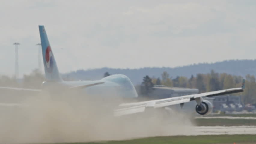 OSLO, NORWAY - MAY 2012: Korean Air Cargo, Boeing 747-400 freight airplane take off from Oslo Airport, Norway