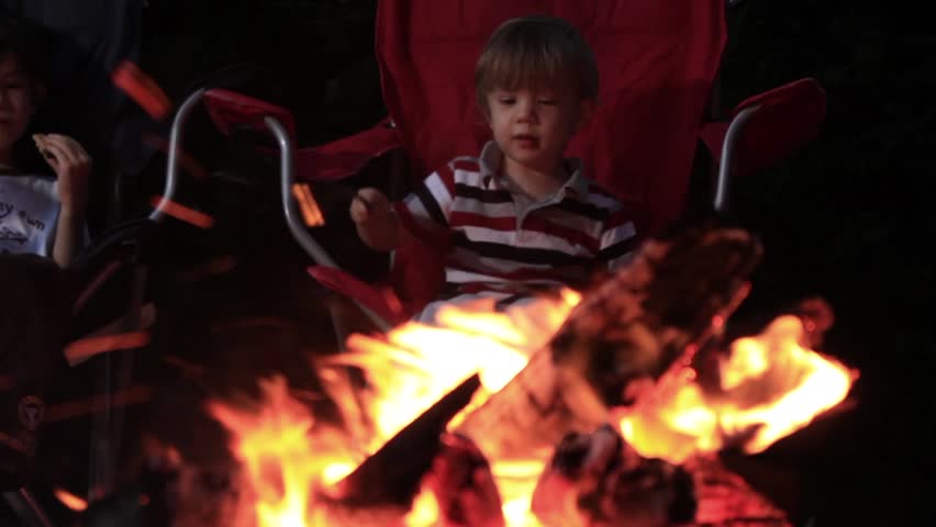 Two kids boys sitting roasting marshmallows at campfire