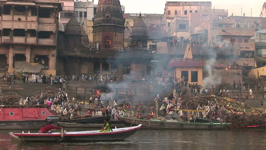 burning ghat with funeral fires.Circa November, 2008, Veranasi, India
