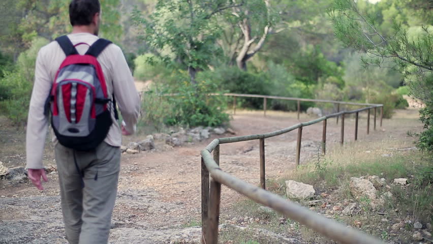Man with backpack walking in the park
