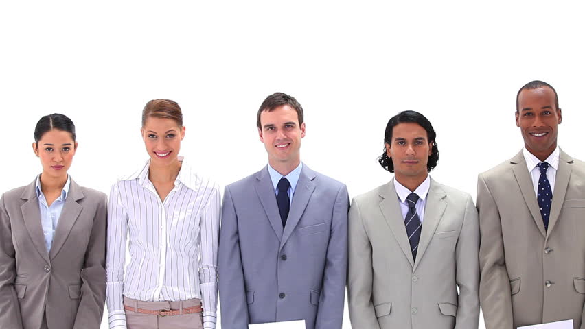 Business people holding posters with the word GOALS a against white background