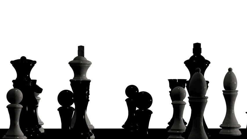 Silhouettes of chess pieces on rotating chessboard