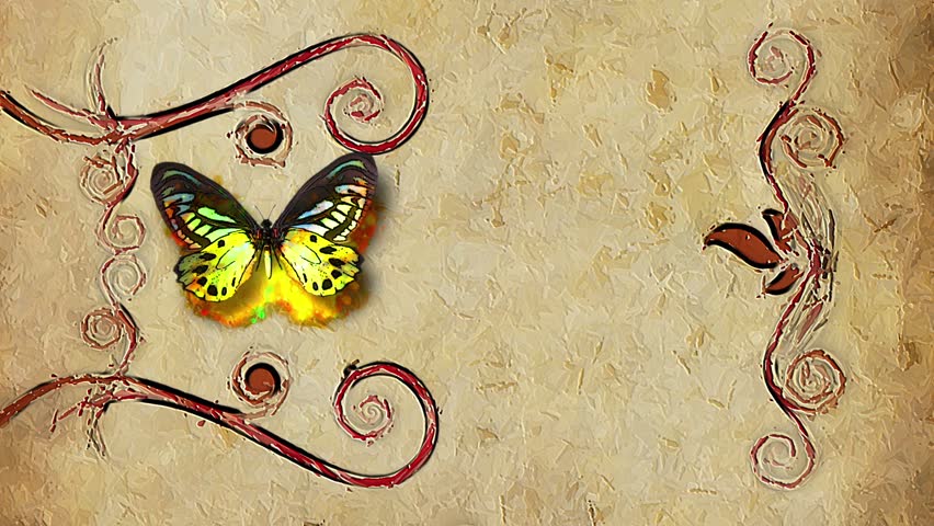 animated decorative painting background border with flying butterfly and growing flowers
frame