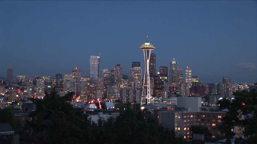 Very Wide shot of Space Needle tower at night in Seattle United States