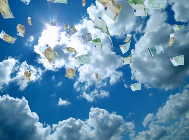 money flying with blue sky on the background,euro currency