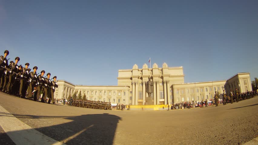 SAMARA - MAY 9: (Timelapse View) Troops of Russian Army go near Academic Opera and ballet theater on Military parade devoted to Victory Day, on May 9, 2012 in Samara, Russia