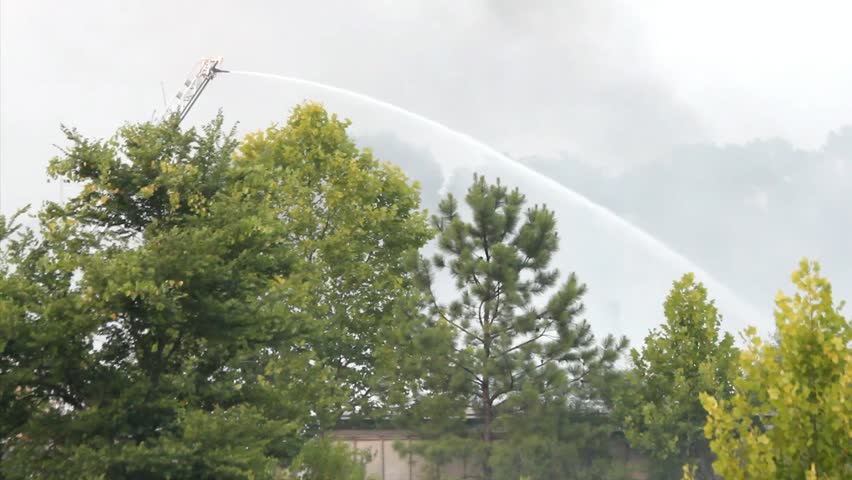 Ladder Mounted Remote Control Water Cannon Sprays Water Downward Behind Trees