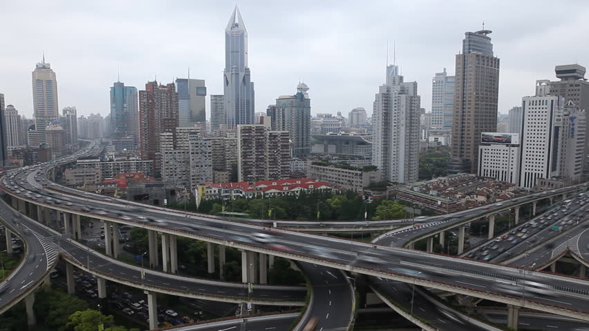 SHANGHAI, CHINA â MAY 9 2012: Time Lapse of Aerial View of Shanghai busiest highway, Yan'an East Road Overpass, Interchange