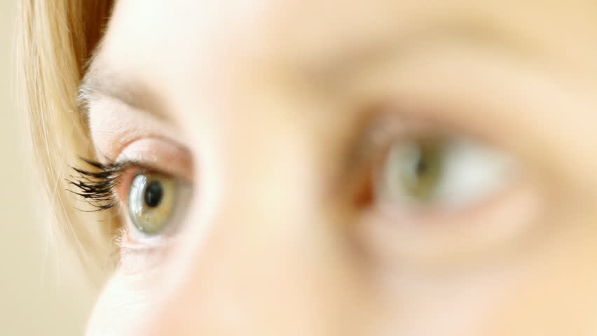 Macro view: open woman eyes with change focus