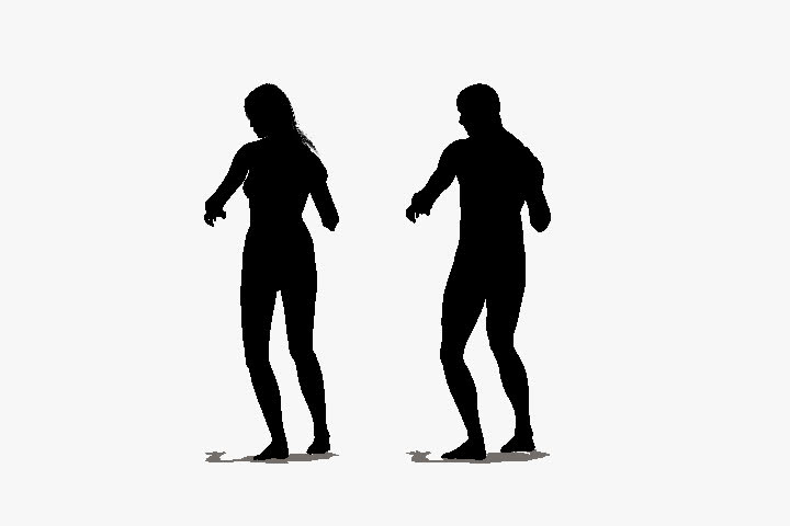 animation of silhouettes  of a man and a woman line dancing on an alpha layer