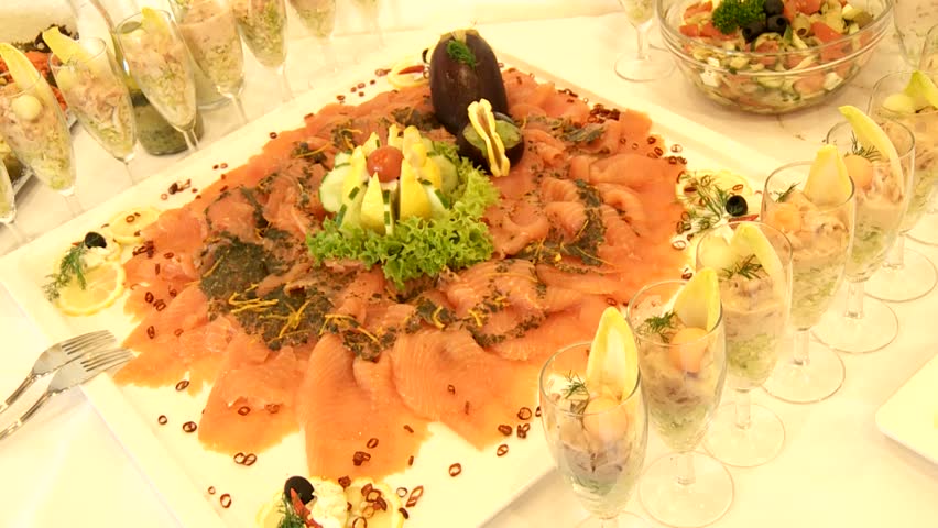 video footage of nice buffet with salmon