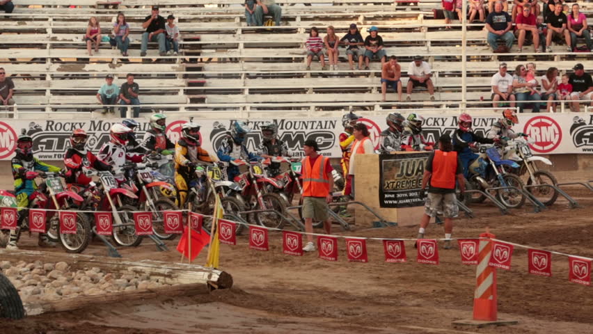 NEPHI, JUAB, UTAH 30 JUN 2012: Economic boost to rural community in annual race. Extreme Motorcycle race ready to start. Juab County extreme enduro. Hard riding and dangerous motor vehicle event.