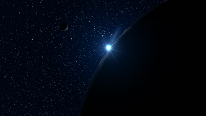 A big, filmic blue Earth with sun and stars in background. NTSC version also available.