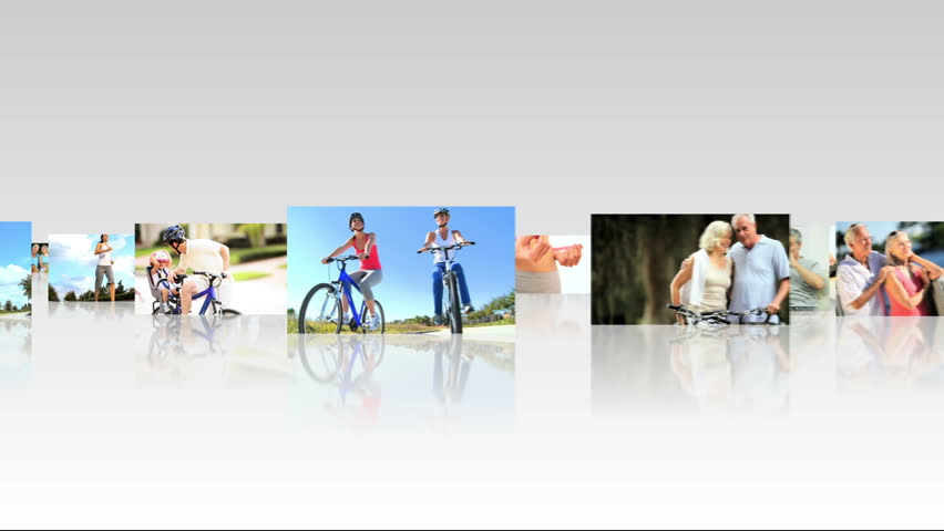 Montage 3D tablet images of seniors and families enjoying a healthy lifestyle with indoor and outdoor sport and exercise