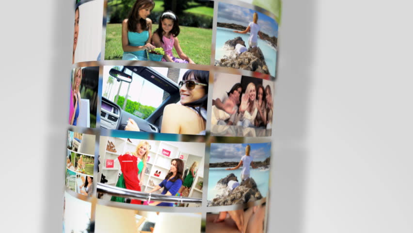 Montage 3D revolving tablet images of young females enjoying leisure activities and spending time with friends