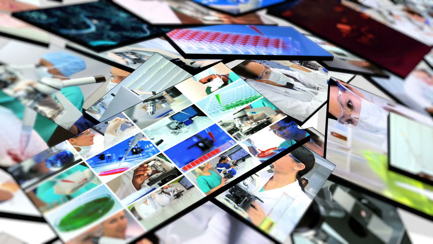 Montage 3D tablet images of technical laboratory skills used within a hospital
