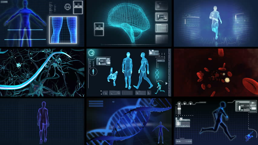 Montage digital motion graphic of a virtual 3D of running man for medical and scientific research data