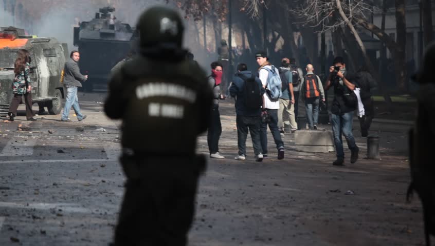 SANTIAGO, CHILE - AUGUST 9: Chilean riot disperse protesters during a student strike on August 9, 2011 in Santiago, Chile