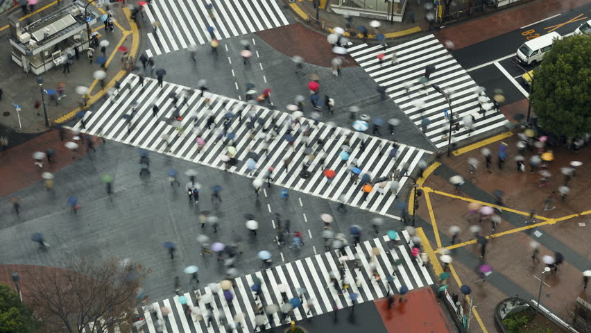 Shibuya Crossing - a large group of people crossing the famous crosswalks at the centre of Shibuyas fashionable shopping and entertainment district