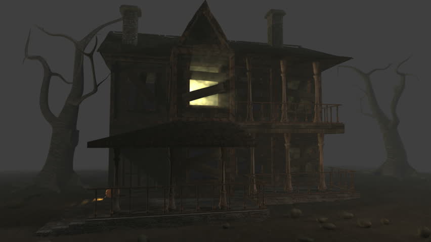 Haunted house in a dark fog with an light glowing from an up stairs window and a pumpkin on the stoop.