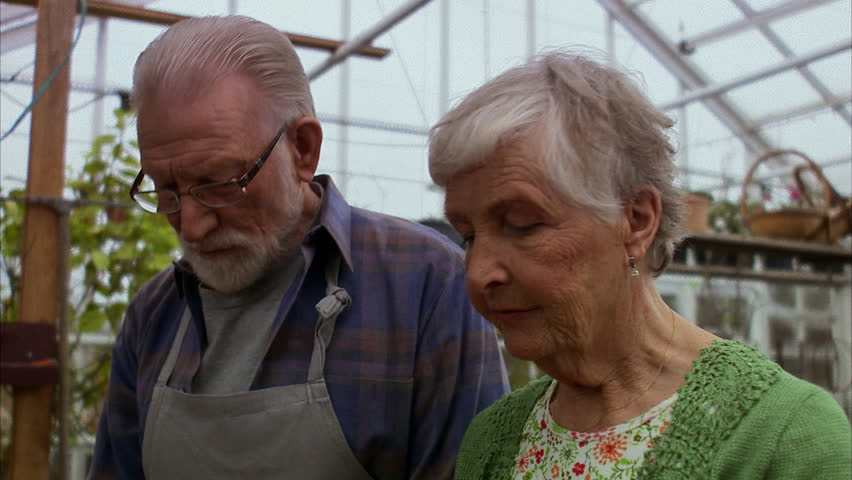 Elderly couple smelling a plant