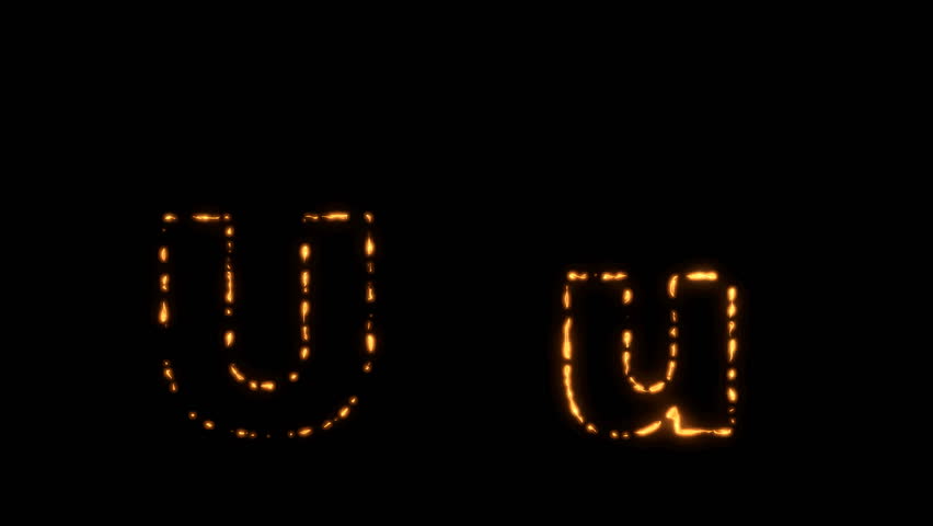 Flaming Alphabet. Upper and lower case U bursting into flames. Part of a series an alphabet, numbers and other characters.