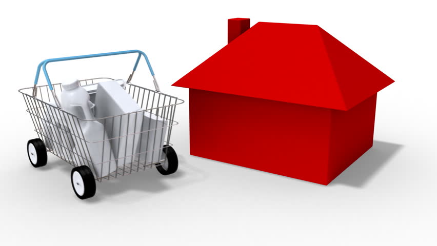 Stylized basket of groceries is purchased online and drives up to a house.