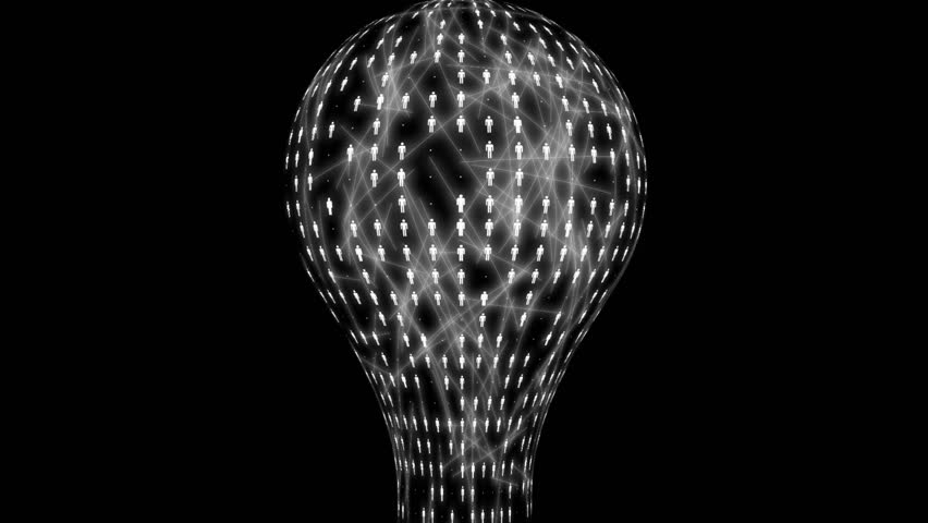 A network of people form one big idea symbolized by a light bulb. 