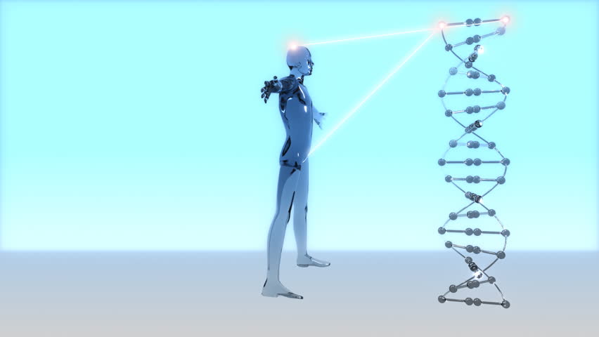 Stylized visualization of dna code being read to form a human.