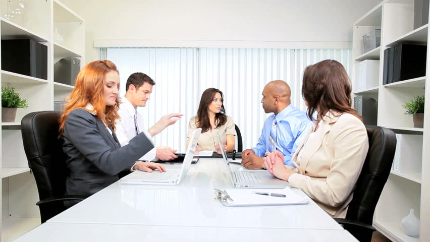 Female Caucasian client thanking agency executives after successful meeting