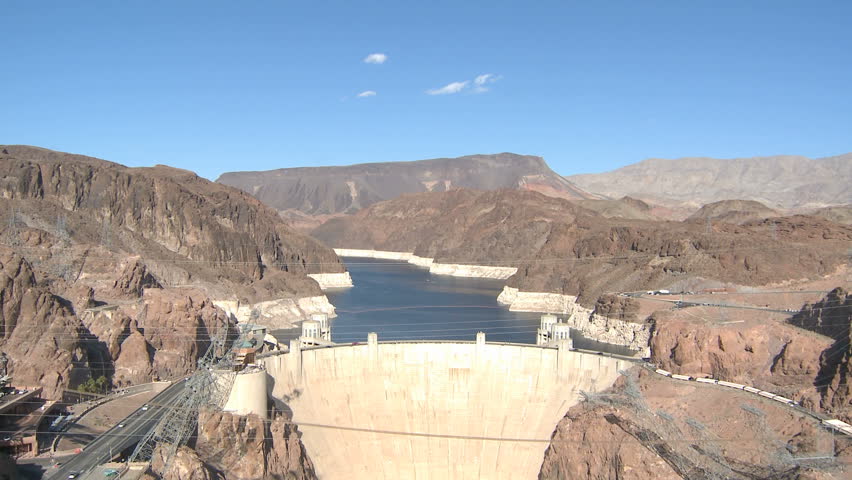 Mid-aerial view of the Hoover Dam, Colorado River and Lake Meade near Las Vegas, Nevada