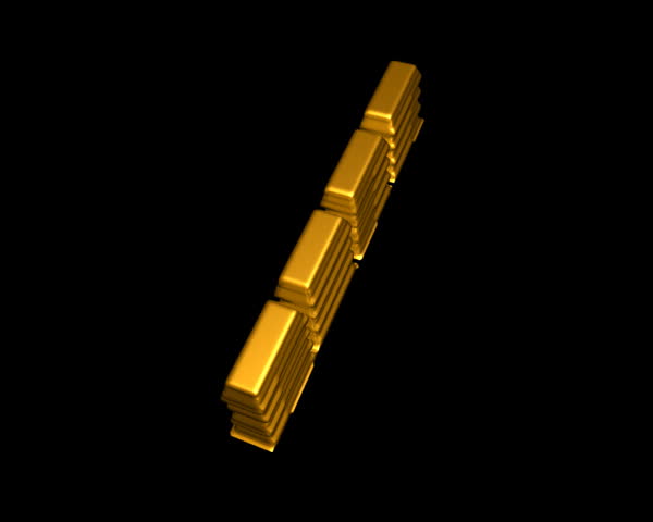 sixteen blocks of gold melt into the form of a dollar symbol. with alpha channel for easy composing.