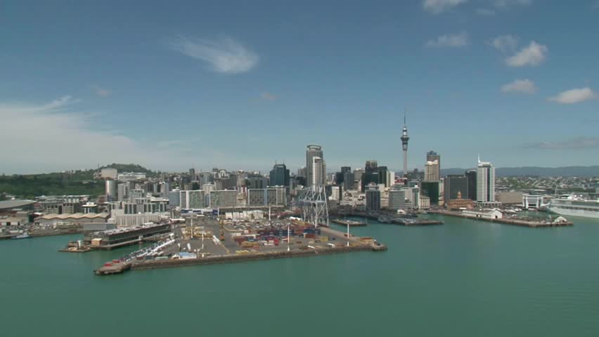 Auckland, New Zealand, December 2011. Scenic helicopter flight over the City of Auckland with its port and Harbour.