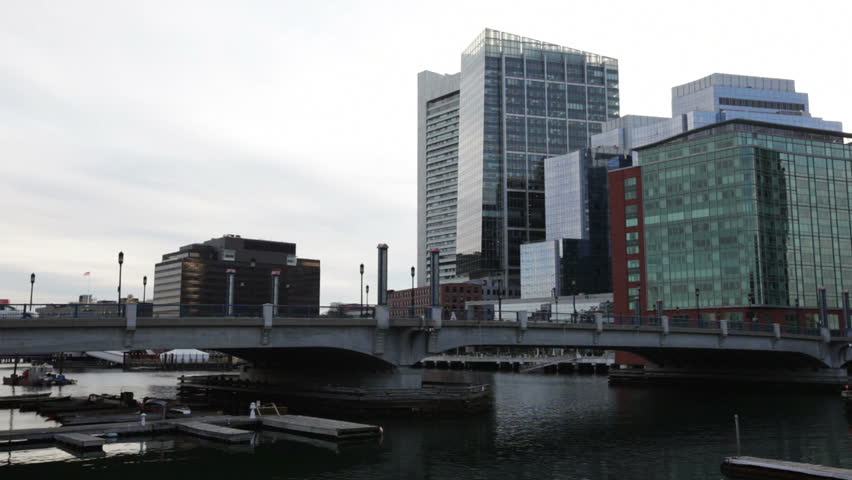 a view of Boston's seaport boulevard bridge connecting the waterfront to the financial district.