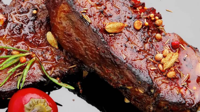 served savory plate: meat ribs with spices and red hot pepper