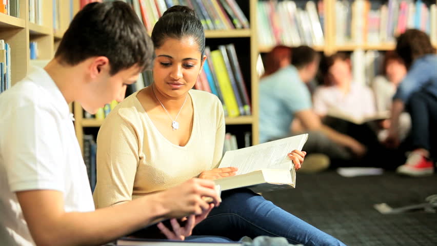 Male and female Indian couple focus on master degree study in college information hub
