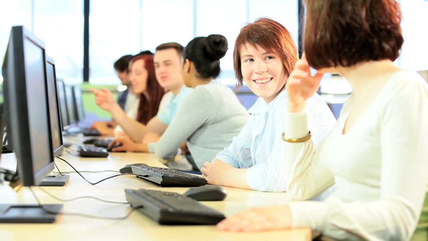 Multi ethnic young university college graduates e-learning with computers