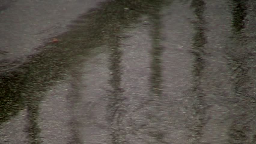 raindrops disturb a reflection in a puddle
