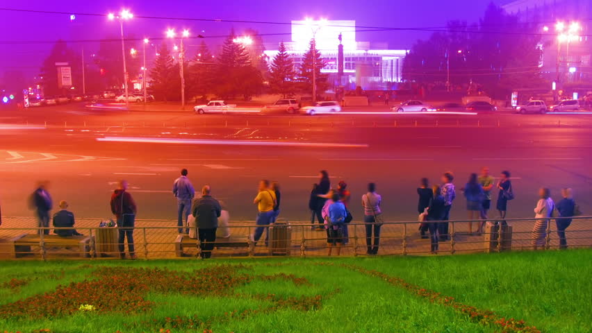 crowds at public transport stop. urban night timelapse HD 1080p