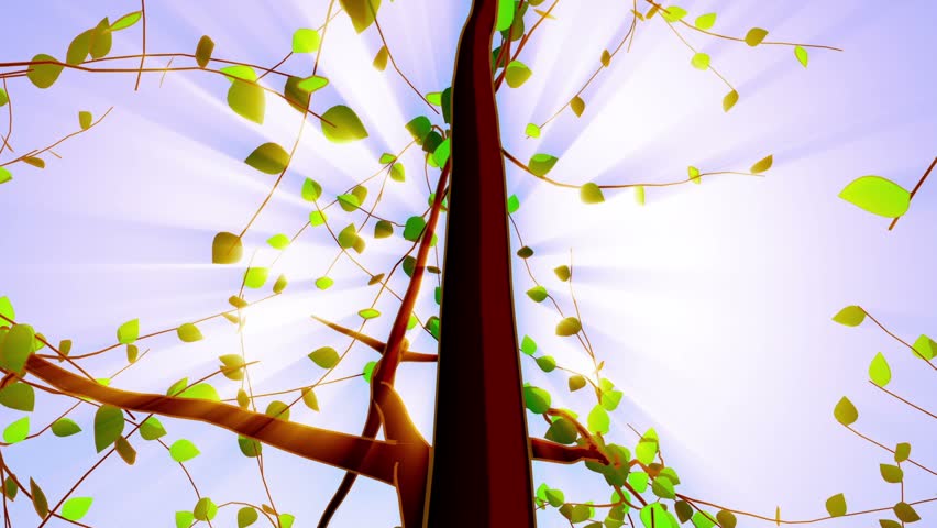 Growing up cartoon tree animated with alpha mask and shine rays