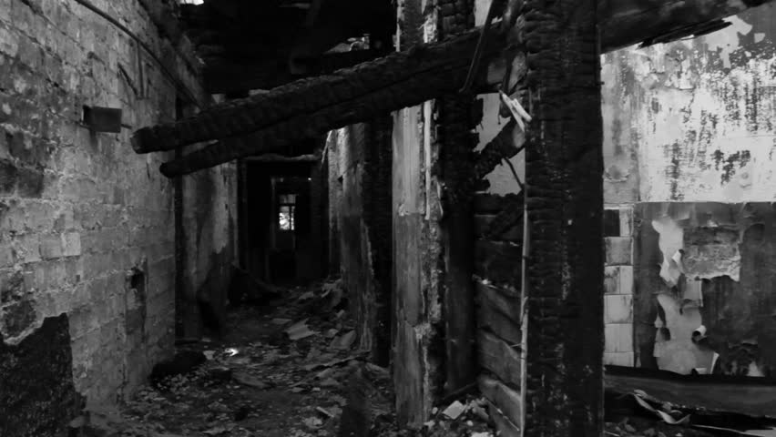 Empty dark terrible corridor. Stabilized camera