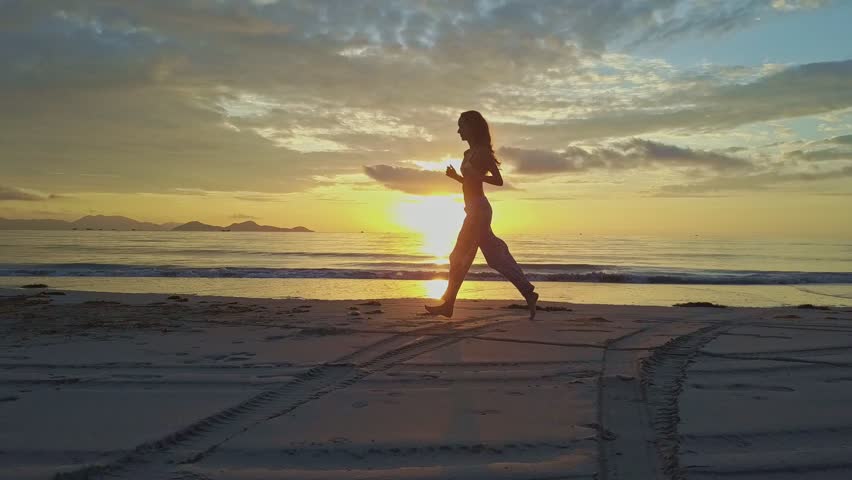 Beautiful Running Woman Model Girl Jogging On Beach Over Sunset Sport Fitness Girl Exercising