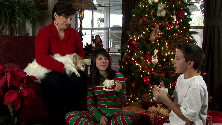 A mother with her two children who are enjoying hot chocolate in front of a lovely Christmas tree