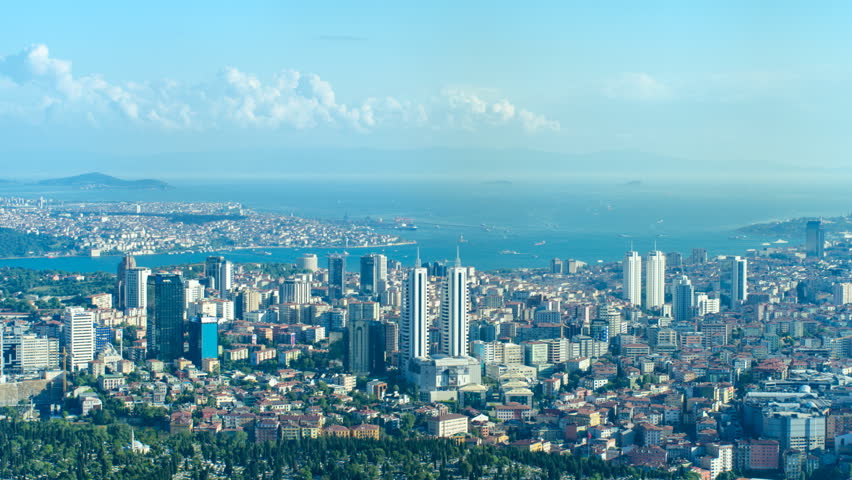 Timelapse aerial view to Istanbul and navigation on the Bosphorus on May 23, 2012 in Istanbul. Bosphorus is the world's narrowest strait used for international navigation.
