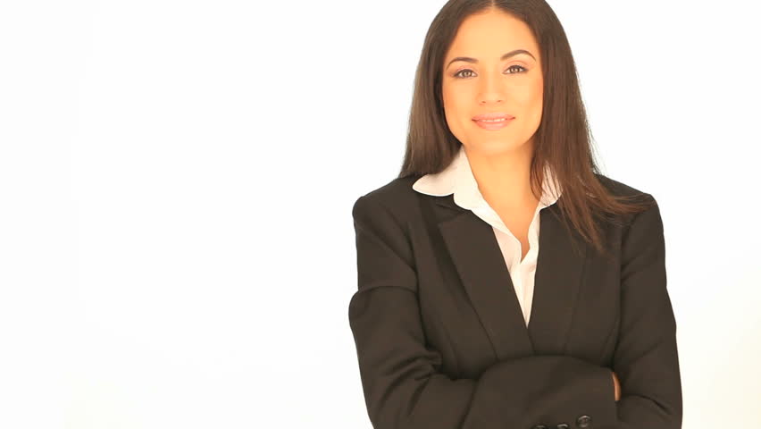 Laughing businesswoman pointing to the side